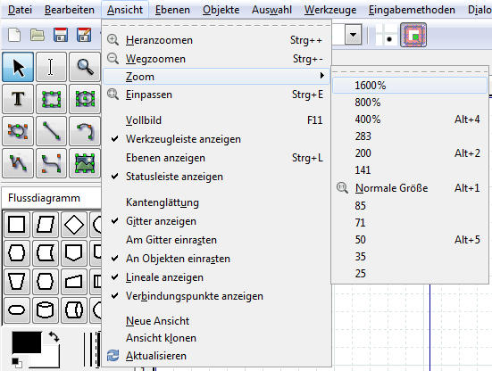 Zoom-Optionen im Menü Ansicht